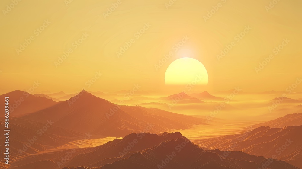 Obraz premium A golden sun setting behind a mountain range with a clear sky