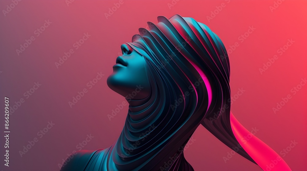 Fototapeta premium Vibrant Dark Metallic Abstract 3D Design with Flowing Silhouette of Woman's Body