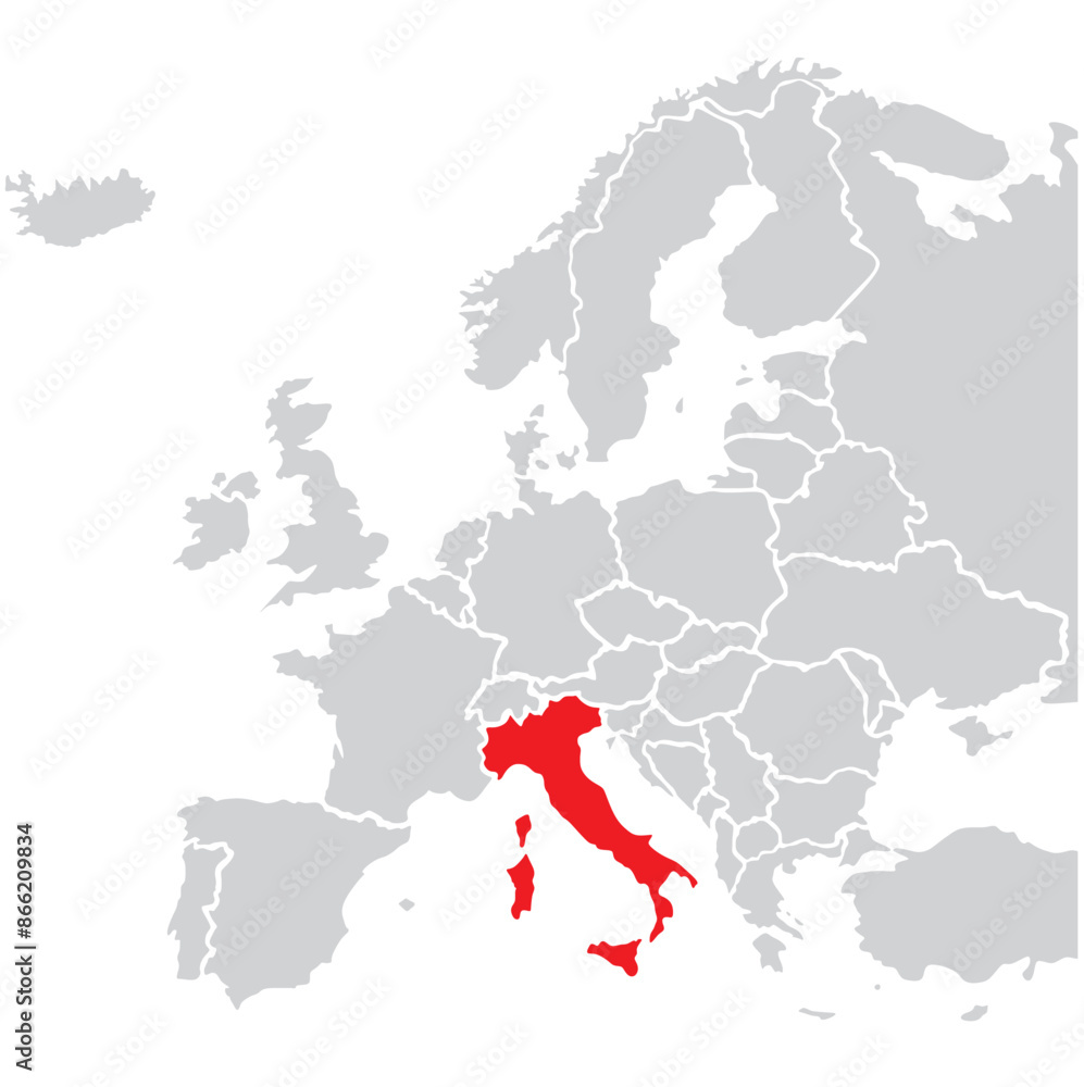 Naklejka premium Map of Italy highligted with red in Europe map