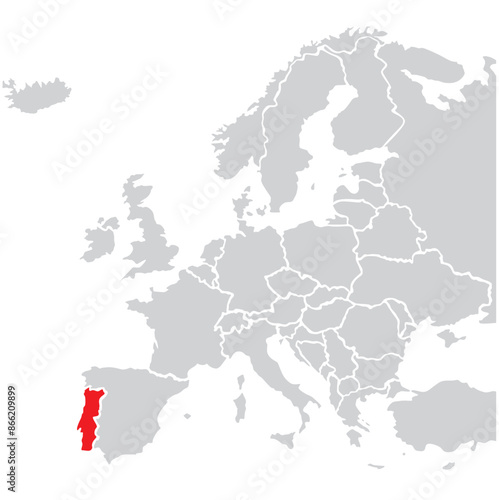 Map of Portugal highligted with red in Europe map