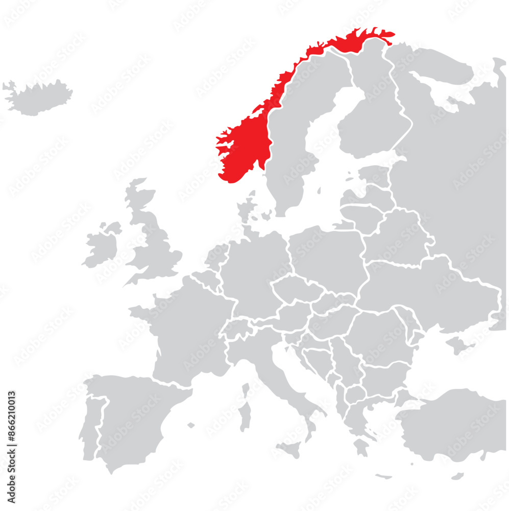 Map of Norway highligted with red in Europe map Map of Norway highligted with red in Europe map
