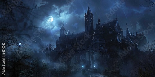 A Halloween scary castle is a dark and foreboding structure that looms in the distance photo