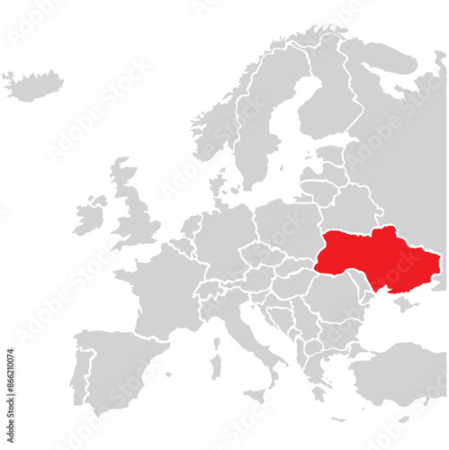 Map of Ukrain highligted with red in Europe map