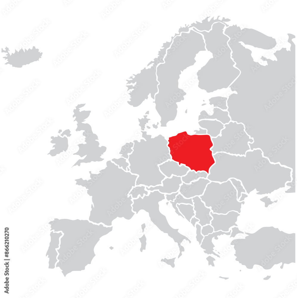 Obraz premium Map of Poland highligted with red in Europe map