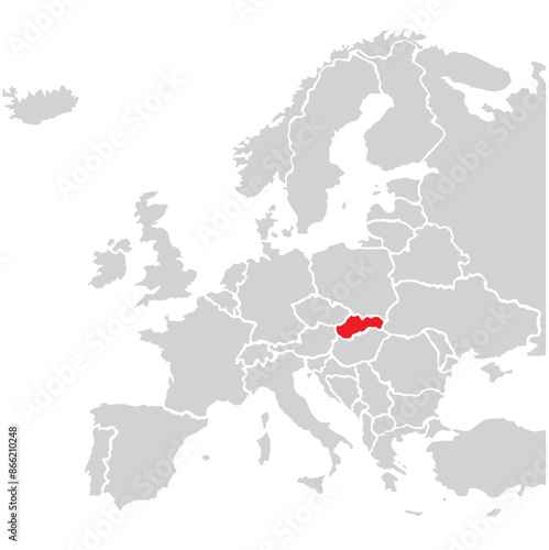 Map of Slovakia highligted with red in Europe map