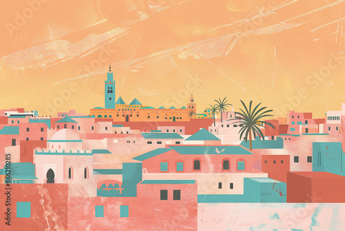 Wallpaper Mural Risograph riso print travel poster, card, wallpaper or banner illustration, modern, isolated, clear and simple of Rabat, Morocco. Artistic, screen printing, stencil digital duplication Torontodigital.ca