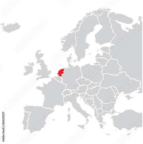 Map of Netherlands highligted with red in Europe map