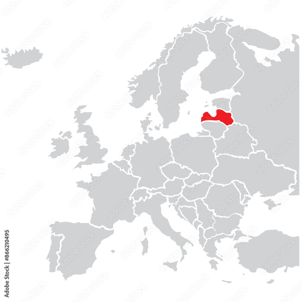 Obraz premium Map of Latvia highligted with red in Europe map