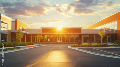 Modern building exterior with a bright sunset behind the building, perfect for business and education concepts.