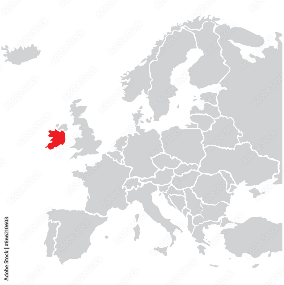 Map of Ireland highligted with red in Europe map Map of Ireland highligted with red in Europe map