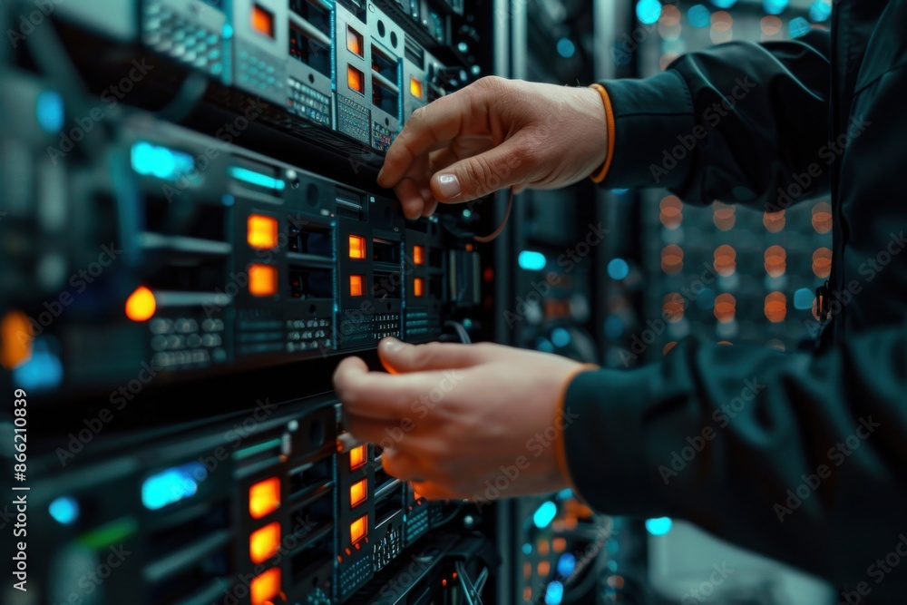 Technician Working on Server in Data Center Technician Working on Server in Data Center