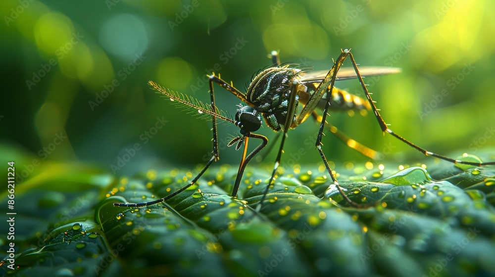 A macro image of a mosquito bite on a tropical leaf, emphasizing the mosquito's presence in its natural habitat. A macro image of a mosquito bite on a tropical leaf, emphasizing the mosquito's presence in its natural habitat.