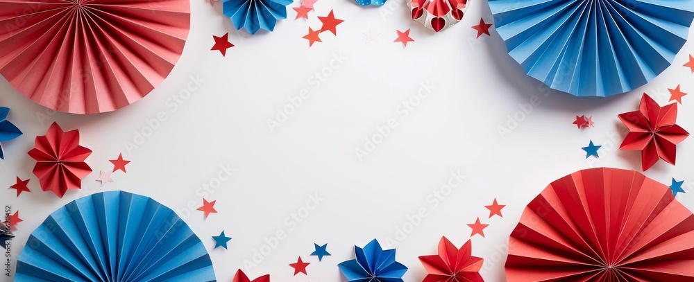 Colorful red, white, and blue paper fans with stars in a festive patriotic background Colorful red, white, and blue paper fans with stars in a festive patriotic background