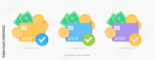 3D Online payment icon set. Credit card with paper money, gold coins and check mark. Business and finance concept. Purchase and shopping with plastic card. Cartoon creative design elements. 3D Vector