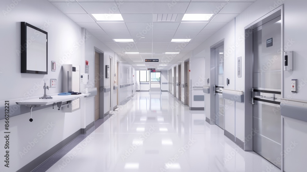 A modern hospital corridor with bright white walls, clean floors, and overhead fluorescent lighting. Medical equipment is neatly arranged along the sides, and doors to patient rooms line the corridor. A modern hospital corridor with bright white walls, clean floors, and overhead fluorescent lighting. Medical equipment is neatly arranged along the sides, and doors to patient rooms line the corridor.