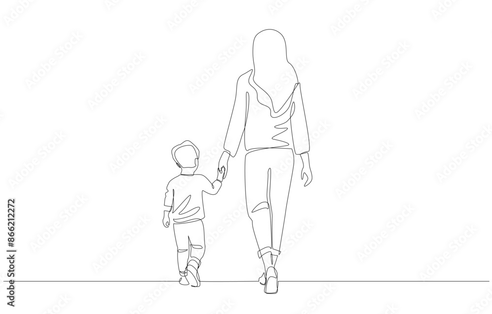 Obraz premium Continuous one line drawing of mom and son holding hands and walking together, single mom and parenting concept, single line art.