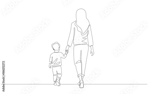 Continuous one line drawing of mom and son holding hands and walking together, single mom and parenting concept, single line art.