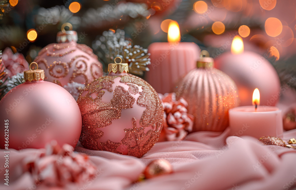A bunch of pink ornaments and candles on a table. The candles are lit and the ornaments are arranged in a way that they look like they are floating. Scene is warm and cozy A bunch of pink ornaments and candles on a table. The candles are lit and the ornaments are arranged in a way that they look like they are floating. Scene is warm and cozy