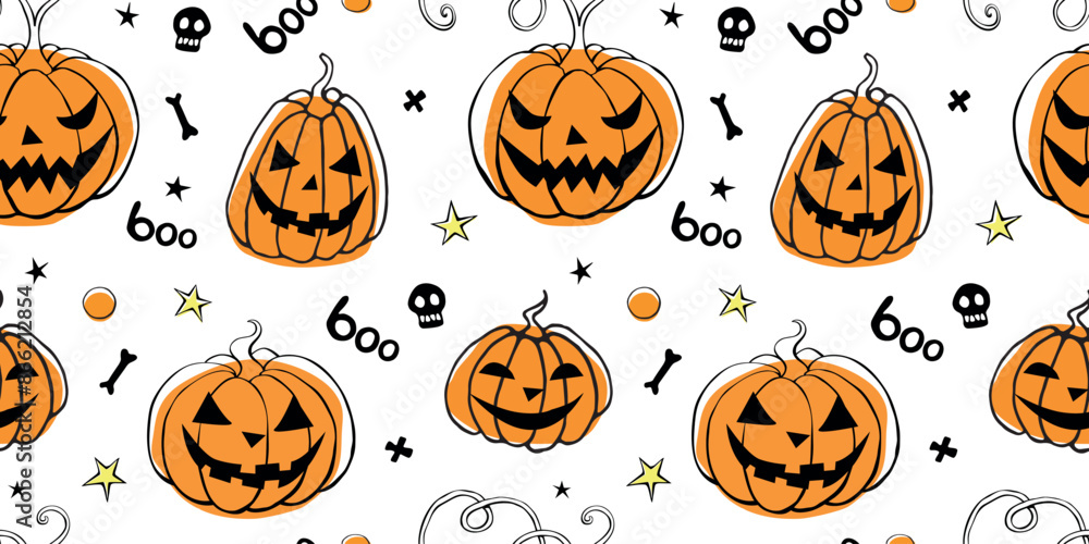 Vector Seamless pattern with pumpkins, Jack o Lantern. Halloween backgrounds and textures in flat doodle style, isolated. Vector Seamless pattern with pumpkins, Jack o Lantern. Halloween backgrounds and textures in flat doodle style, isolated.