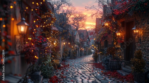 A narrow cobblestone street in an old European town, dimly lit by antique lanterns, with no one in sight.