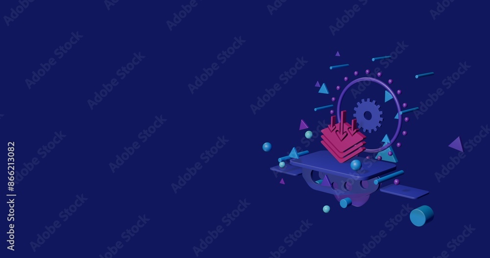 Naklejka premium Pink absorbent symbol on a pedestal of abstract geometric shapes floating in the air. Abstract concept art with flying shapes on the right. 3d illustration on indigo background