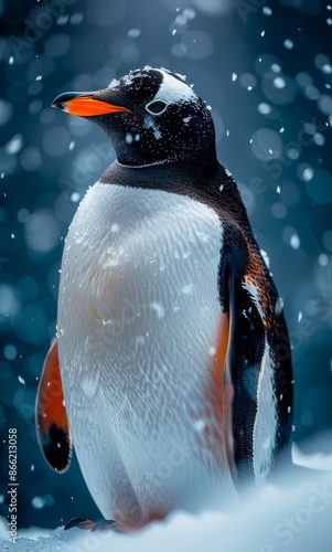 A penguin is standing in the snow with its head tilted to the side. The image has a calm and peaceful mood, as the penguin appears to be enjoying the snowy environment photo