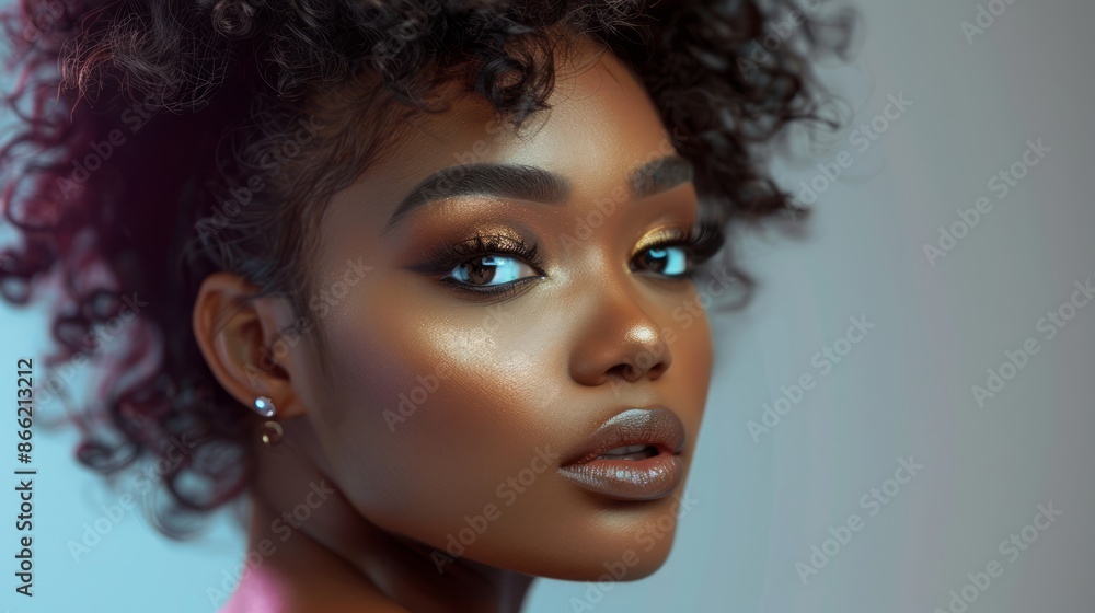 Fototapeta premium Black woman with beautiful face and fresh, smooth skin Model with beautiful, cute hair and natural makeup. realistic hyper realistic bright lighting white