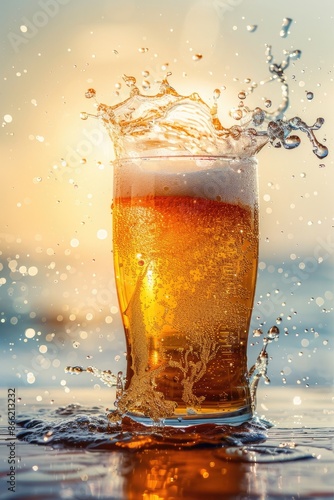 Refreshing Beer Splash in Glass on Sunny Day