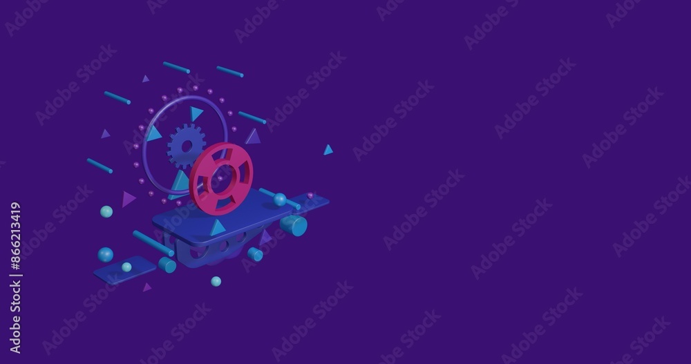Naklejka premium Pink lifebuoy symbol on a pedestal of abstract geometric shapes floating in the air. Abstract concept art with flying shapes on the left. 3d illustration on deep purple background
