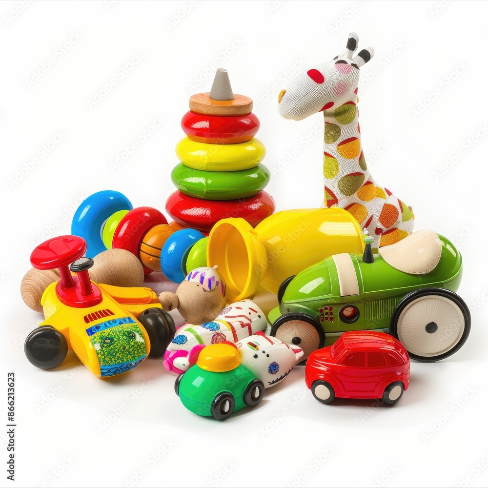 Obraz premium Children's colorful toys made from environmentally friendly materials, isolated, on a white background, close-up. Illustration for advertising children's toys, printing on fabric, paper, packaging.