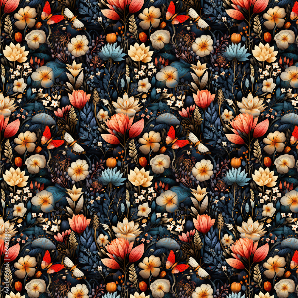 a pattern where flowers are intertwined with hidden animals, insects, or other elements. Created with generative AI a pattern where flowers are intertwined with hidden animals, insects, or other elements. Created with generative AI