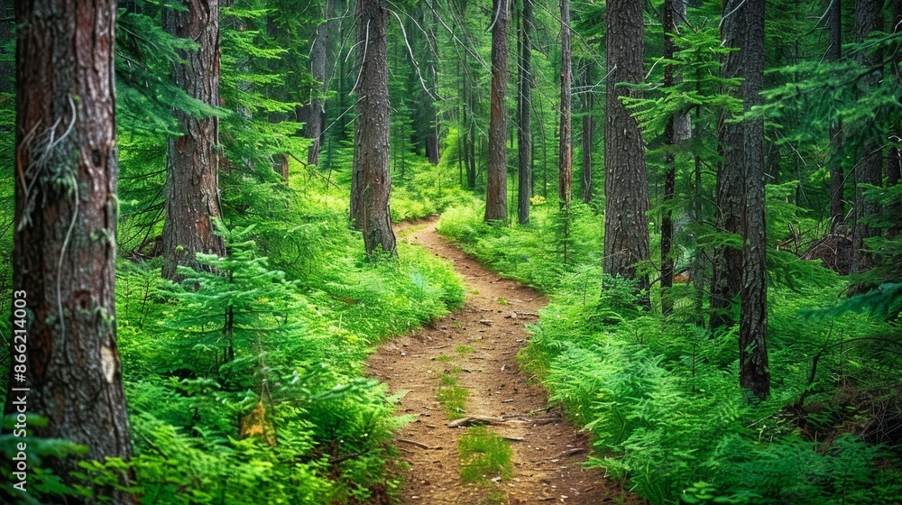 Fototapeta premium A path winding through a forest of tall spruce, fir, and pine trees, surrounded by vibrant green foliage