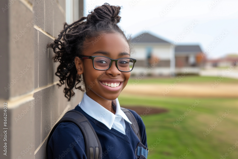 Beautiful black high school girl wearing glasses and carrying a backpack Beautiful black high school girl wearing glasses and carrying a backpack