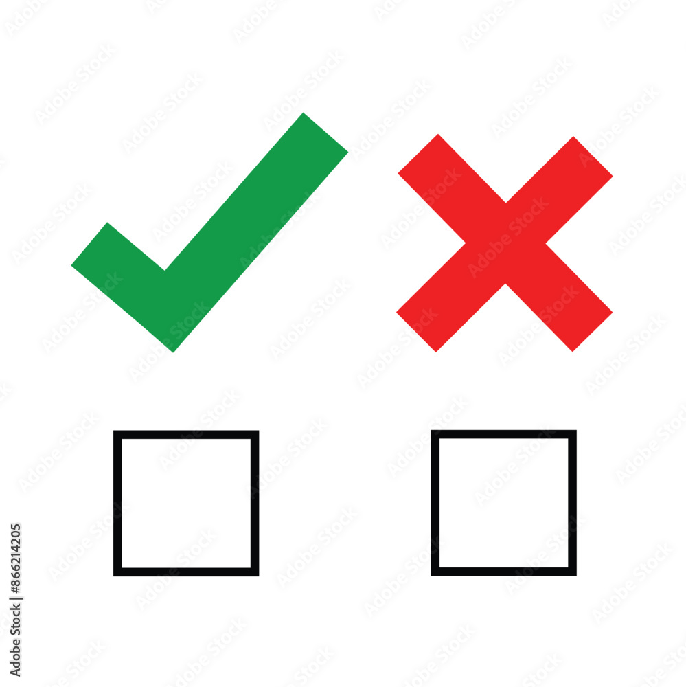 Check mark. Green tick symbol and red cross sign. Icons for evaluation quiz. Vector. Check mark. Green tick symbol and red cross sign. Icons for evaluation quiz. Vector.