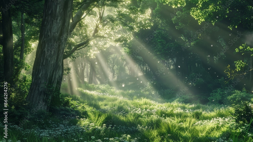 Obraz premium A peaceful forest clearing with rays of sunlight streaming through, creating a serene and calming effect