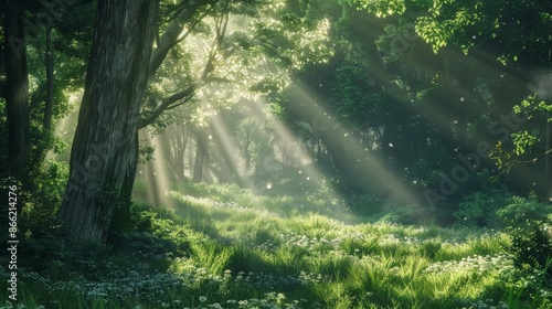 A peaceful forest clearing with rays of sunlight streaming through, creating a serene and calming effect