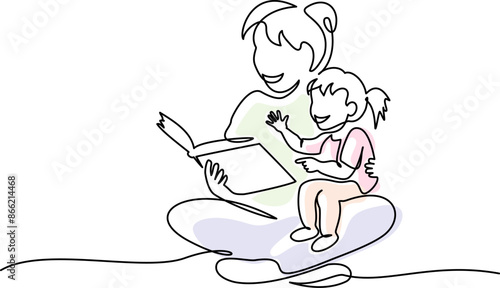 Mother reading book to child daughter. Continuous one line drawing art.