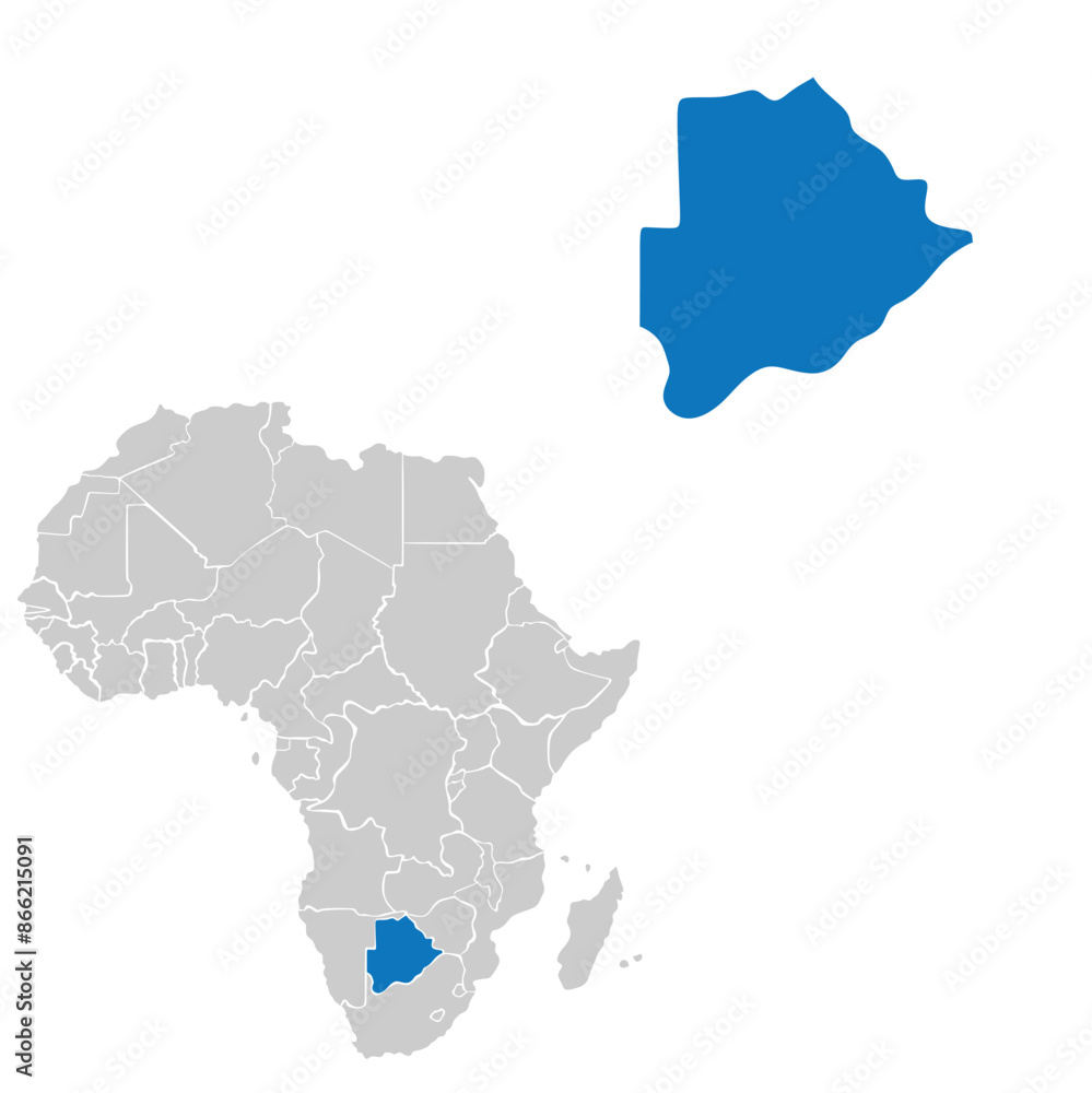 Map of the continent of Africa with country borders. Map of Botswana. Map of the continent of Africa with country borders. Map of Botswana.