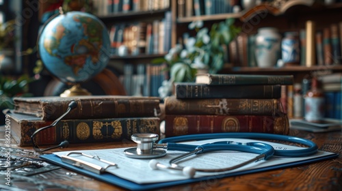 A photo of a stethoscope, clipboard, and medical textbooks stacked neatly on a bookshelf, representing the importance of knowledge in medicine. © venusvi