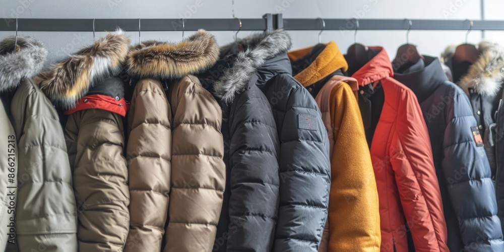 A row of winter coats and jackets in different sizes A row of winter coats and jackets in different sizes