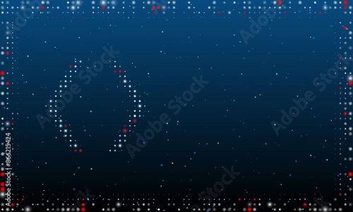 On the left is the angle brackets symbol filled with white dots. Pointillism style. Abstract futuristic frame of dots and circles. Some dots is red. Vector illustration on blue background with stars