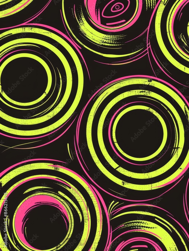 Abstract pattern with neon pink and yellow circles on a black background. Abstract pattern with neon pink and yellow circles on a black background.