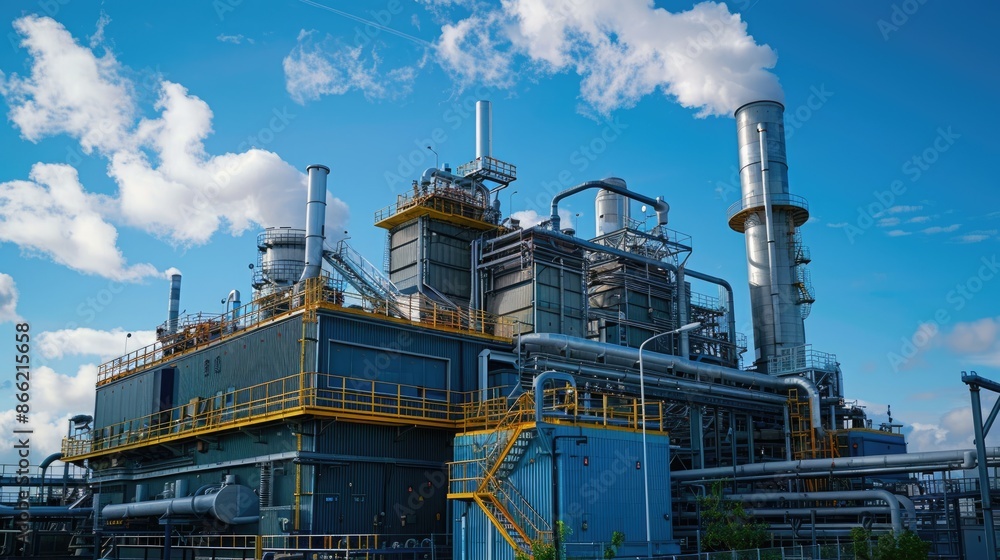 Industrial power plant with blue sky and white clouds background, showcasing modern energy infrastructure and technology. Industrial power plant with blue sky and white clouds background, showcasing modern energy infrastructure and technology.