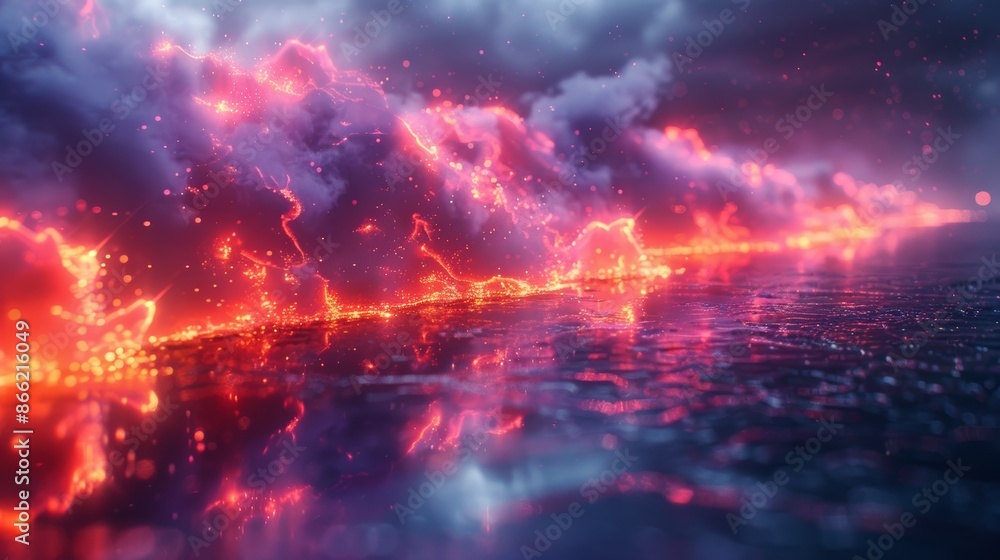 A reflective surface covered in neon lights with smoke drifting lazily across it. A reflective surface covered in neon lights with smoke drifting lazily across it.