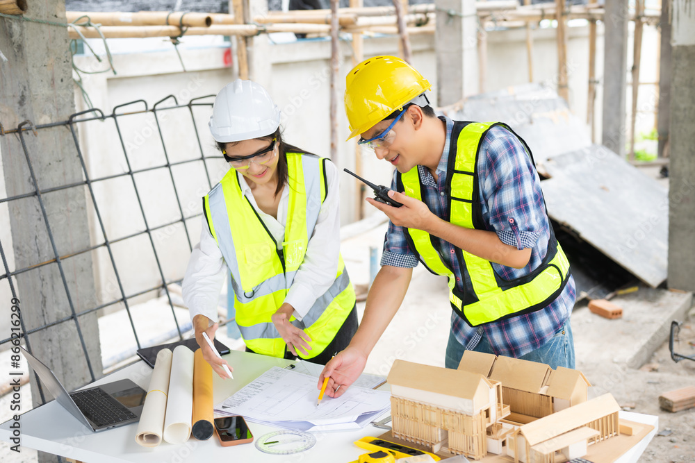 Engineer teams meeting working together wear worker helmets hardhat on construction site in city. Engineer teams meeting working together wear worker helmets hardhat on construction site in city.
