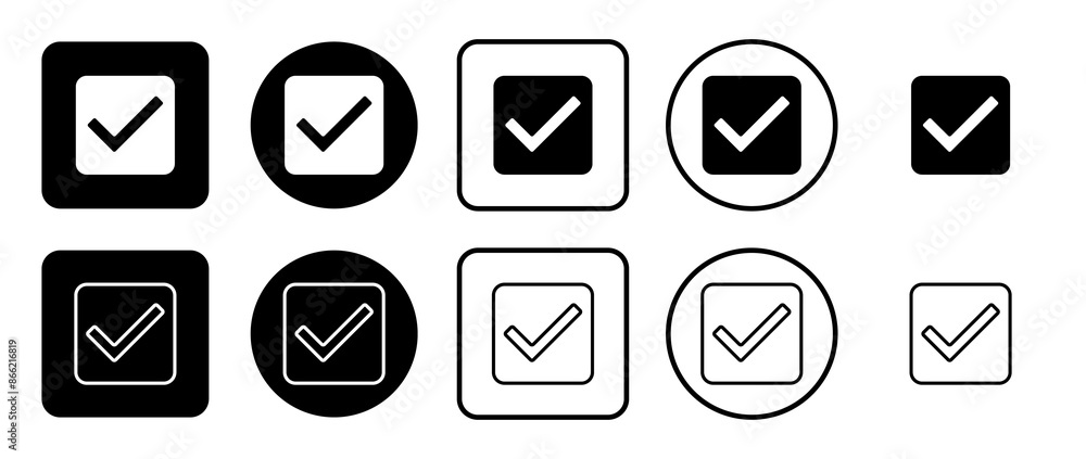 Icon set of checkbox symbol. Filled, outline, black and white icons set, flat style. Vector illustration on white background Icon set of checkbox symbol. Filled, outline, black and white icons set, flat style. Vector illustration on white background
