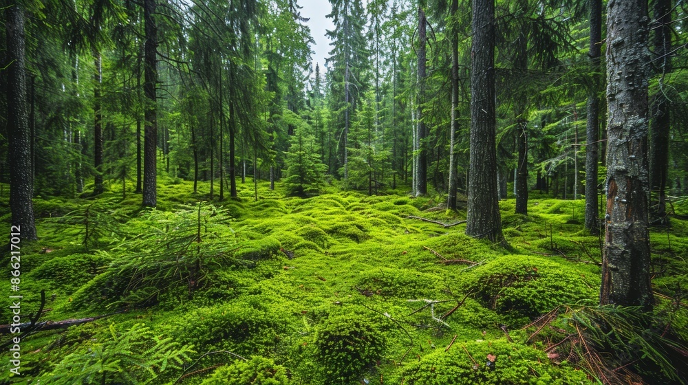 Fototapeta premium A serene forest scene with healthy green trees, a mix of spruce, fir, and pine, and a carpet of moss covering the ground