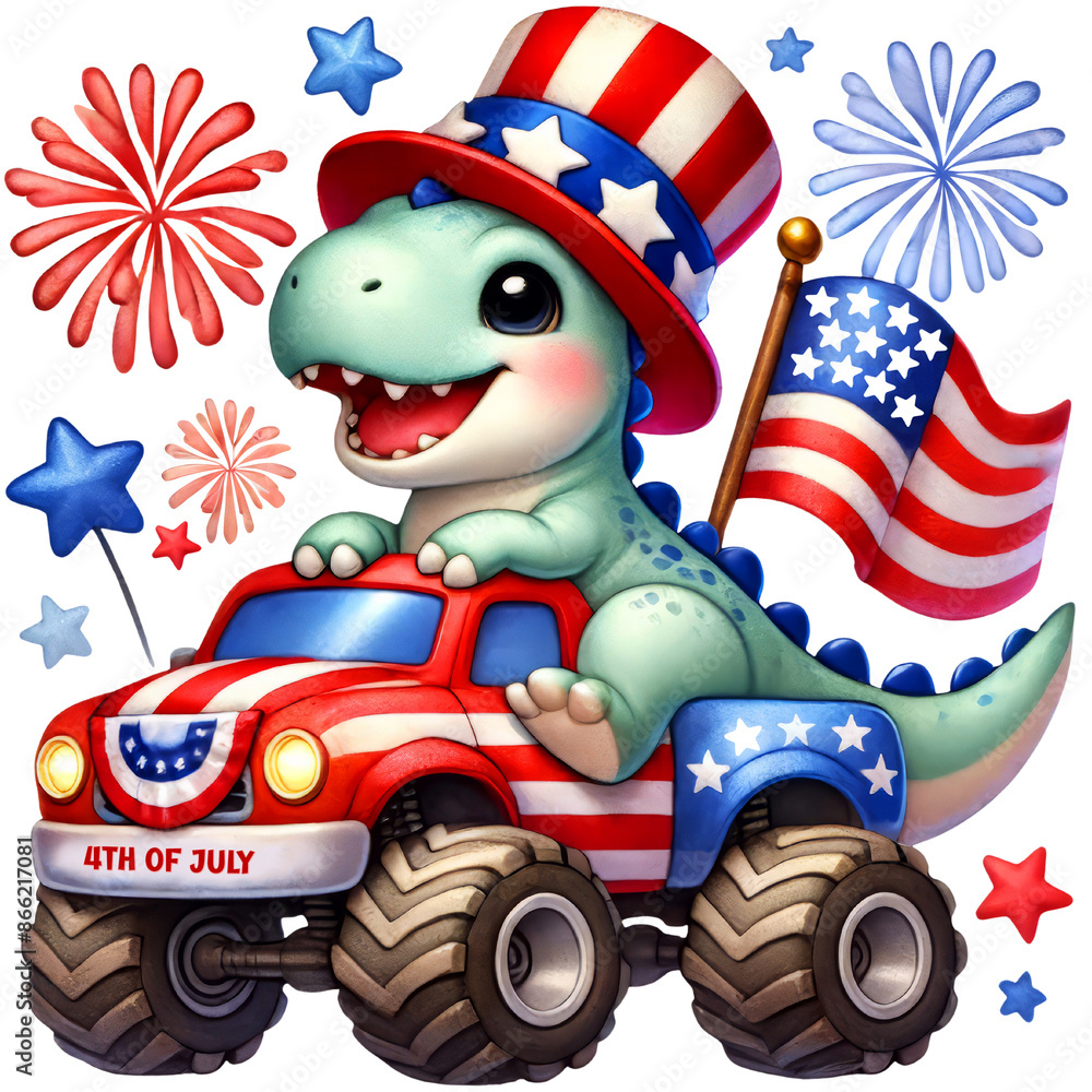 Obraz premium Watercolor T-Rex in patriotic attire driving a monster truck adorned with American flag colors and stars celebrating Independence Day. Clipart on Transparent Background.