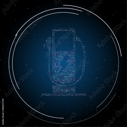 The electric charging station symbol filled with white dots. Pointillism style. Some dots is pink. Vector illustration on blue background with stars