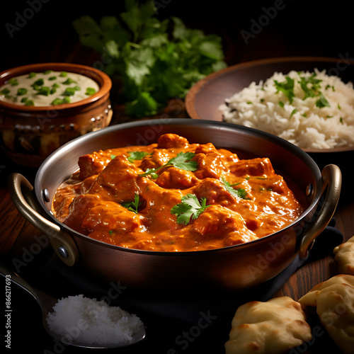 Chicken curry dish in tomato sauce served with rice.